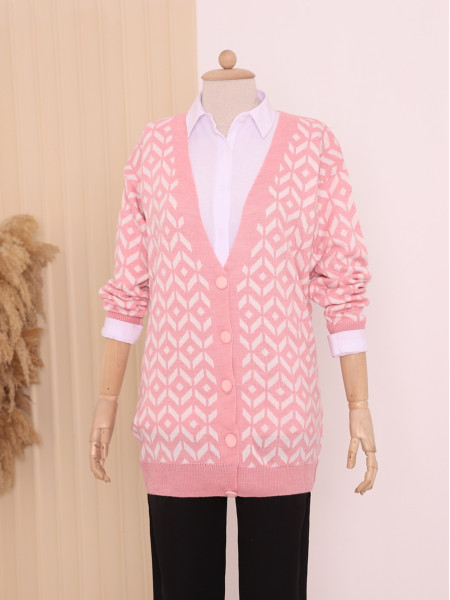 Patterned Buttoned Cardigan -Pink