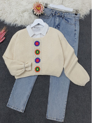 Knitted Embroidery Patterned Crop Sweater -Cream color