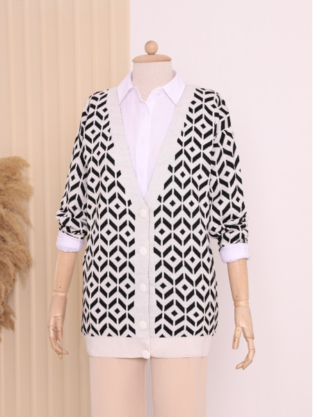 Patterned Buttoned Cardigan -White
