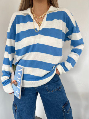 Striped Polo V Neck Knitwear Sweater -Blue