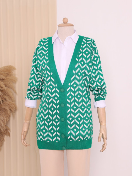 Patterned Buttoned Cardigan -Green