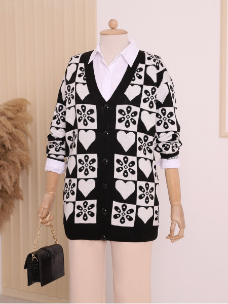 Patterned Buttoned Cardigan -Black