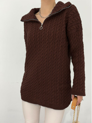 Half Zipper Turtleneck Winter Knitwear Sweater -Brown