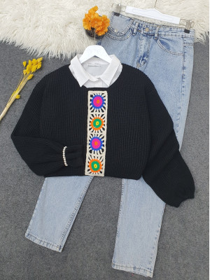 Knitted Embroidery Patterned Crop Sweater -Black