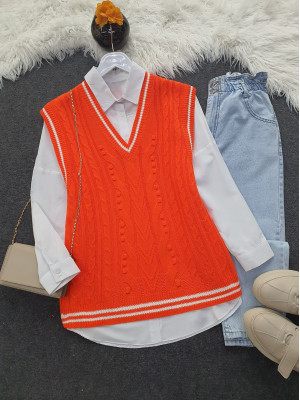 Striped Winter V-Neck Sweater -Orange