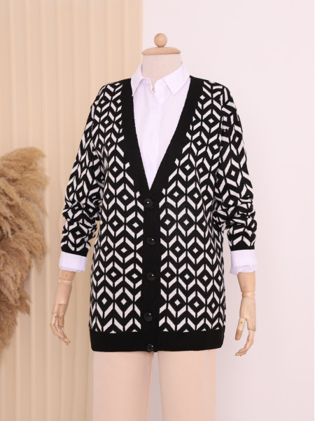 Patterned Buttoned Cardigan -Black