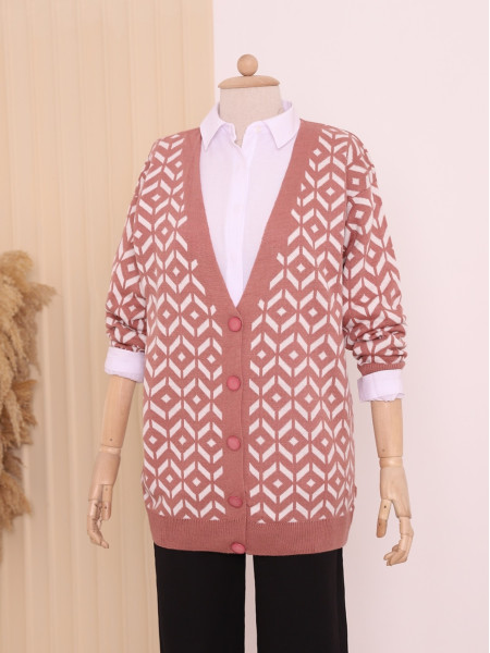 Patterned Buttoned Cardigan -Dried rose