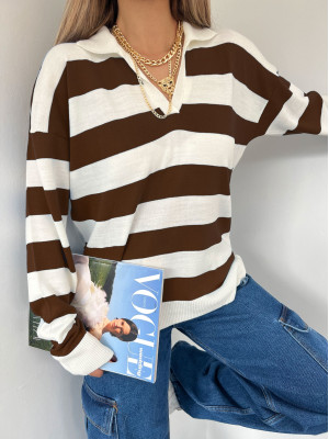 Striped Polo V Neck Knitwear Sweater -Brown