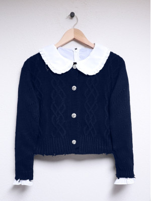 Stone Button Ripped Crop Cardigan   -Navy blue