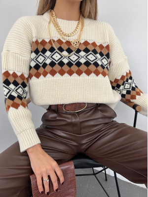 Crew Neck Ethnic Pattern Knitwear Sweater -Cream color