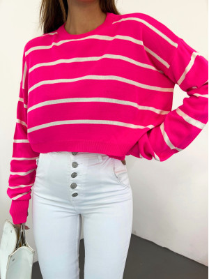 Fine Striped Crop Knitwear Sweater -Pink