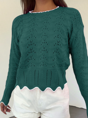 Knit Pattern Openwork Crop Knitwear Sweater -Emerald