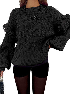 Balloon Sleeve Tassel Knitwear Sweater -Black
