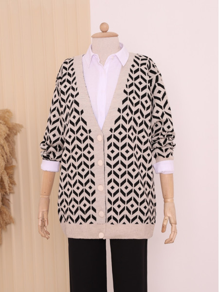 Patterned Buttoned Cardigan -Stone