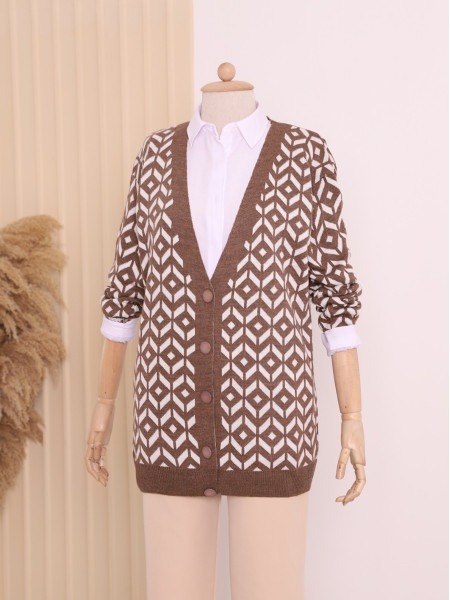 Patterned Buttoned Cardigan -Brown