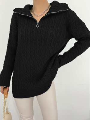 Half Zipper Turtleneck Winter Knitwear Sweater -Black