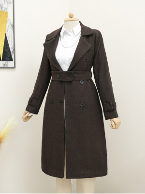 Belted Lined Bolero Detailed Coat -Brown