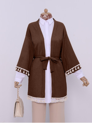 Tied Waist Sleeve and Skirt Tasseled Crinkled Crinkle Kimono -Brown