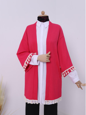 Tied Waist Sleeve and Skirt Tasseled Crinkled Crinkle Kimono -Pink