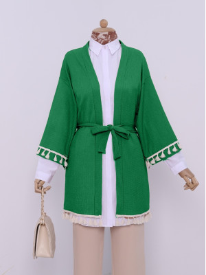 Tied Waist Sleeve and Skirt Tasseled Crinkled Crinkle Kimono -Green