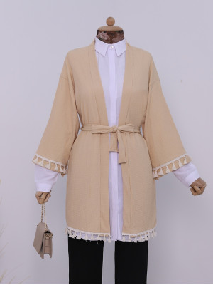 Tied Waist Sleeve and Skirt Tasseled Crinkled Crinkle Kimono - Beige