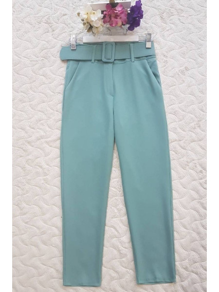 Thick Belt High Waist Trousers -Mint Color
