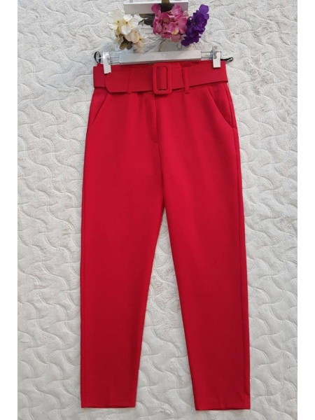 Thick Belt High Waist Trousers -Red