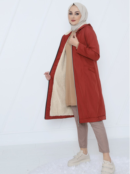 Zipper Hooded Plush Bondit Coat   -Brick color