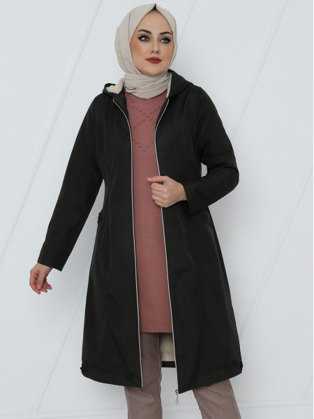 Zipper Hooded Plush Bondit Coat -Black