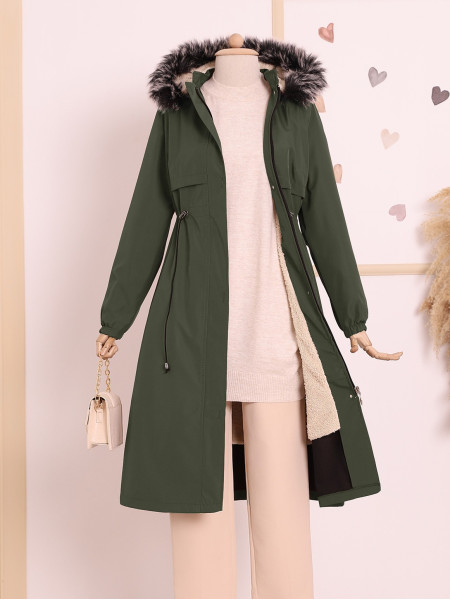 Pull-out Hooded Tunnel Lace-up Bondit Coat -Khaki