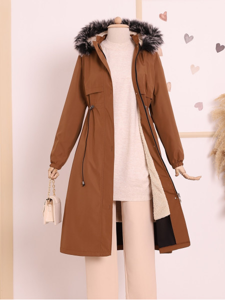 Pull-out Hooded Tunnel Lace-up Bondit Coat -Snuff