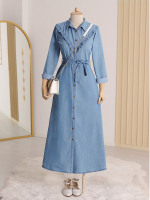 Boydan Düğmeli Beli Bağlamalı Kot Elbise -Mavi