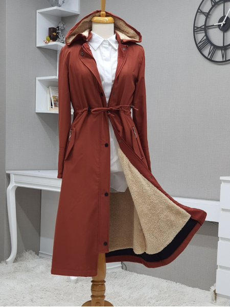 Zippered Hooded Lace-up Bondit Long Coat -Brick color