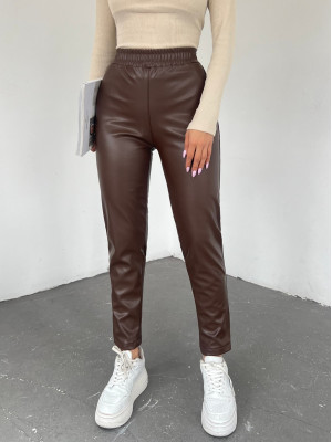Elastic Waist Leather Pants -Brown