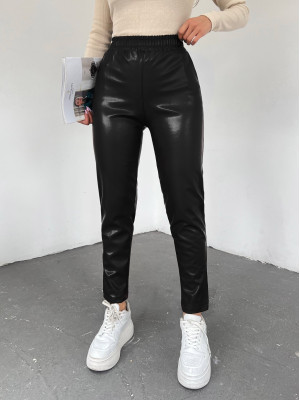 Elastic Waist Leather Pants -Black