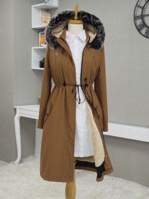 Pull-out Hooded Tunnel Lace Short Coat -Snuff