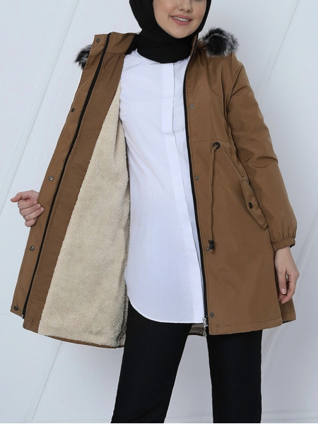 Pull-out Hooded Sleeve Elastic Pocket Short Coat -Snuff