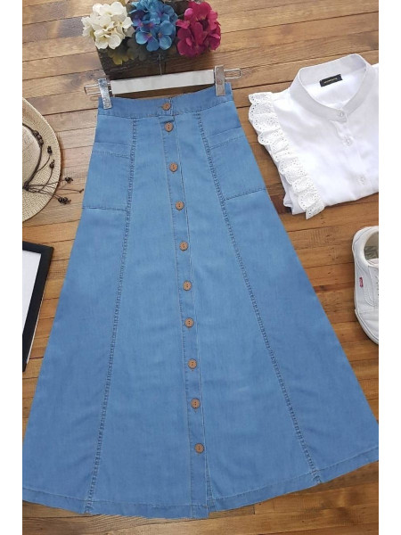  Front Buttoned Denim Skirt -Blue