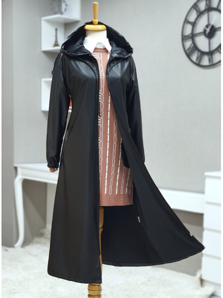 Hooded Zipper Sleeves Elastic Leather Cap -Black