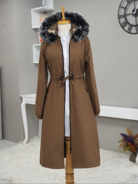 Hooded Fur Coat With Pockets Zippered Long Coat -Snuff