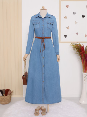 Boydan Düğmeli Kemerli Kot Elbise  -Açık Mavi