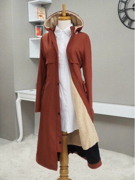 Pull-out Hooded Zippered Long Coat -Brick color