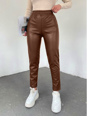 Elastic Waist Leather Pants  -Snuff