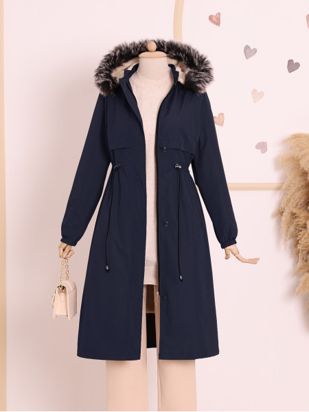 Pull-out Hooded Tunnel Lace-up Bondit Coat -Navy blue