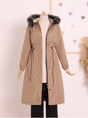 Pull-out Hooded Tunnel Lace-up Bondit Coat -Light Mink