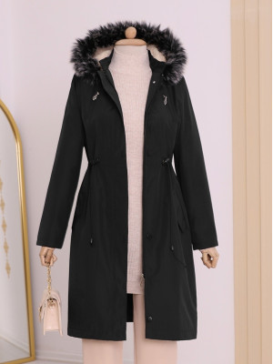 Pull-out Hooded Tunnel Lace Short Coat -Black