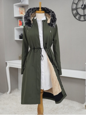 Pull-out Hooded Tunnel Lace Short Coat -Khaki