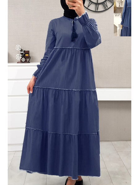 Kolları Lastikli Parçalı Kot Elbise  -Blue
