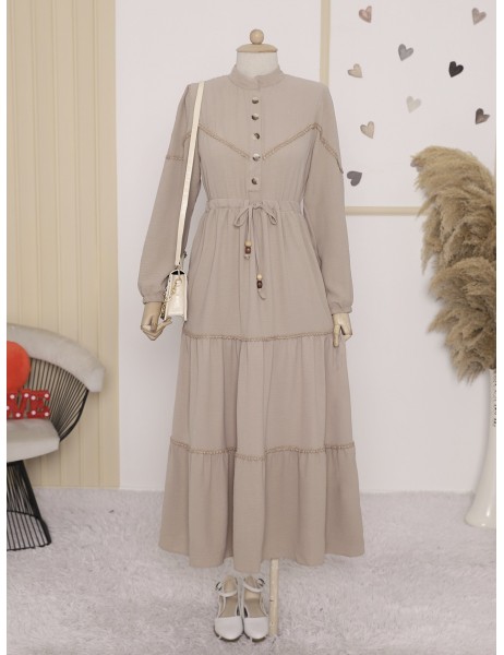 Yarım Düğmeli Parçalı Bağcıklı Elbise -Vizon
