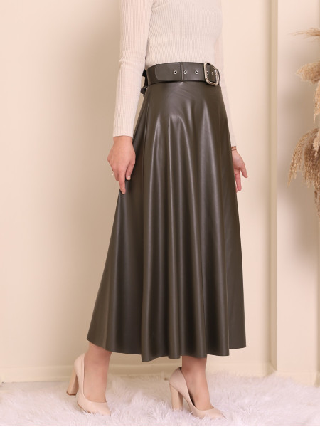 Thick Belted Leather Skirt -Khaki